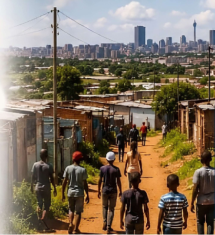 People walking down a township dirt path toward a city skyline